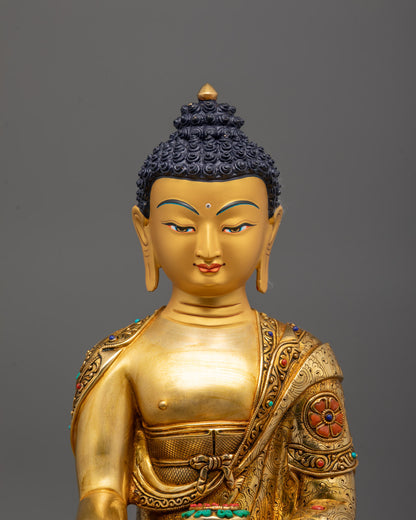 Close-up of Buddha Shakyamuni face showing intricate gold detailing