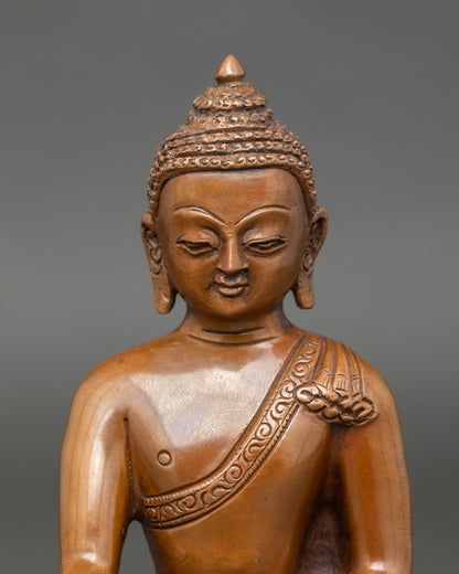 Close-up of Buddha Shakyamuni statue showing monk’s bowl and detailed oxidized finish