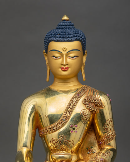 Close-up of Buddha statue, detailed copper craftsmanship with gold accents