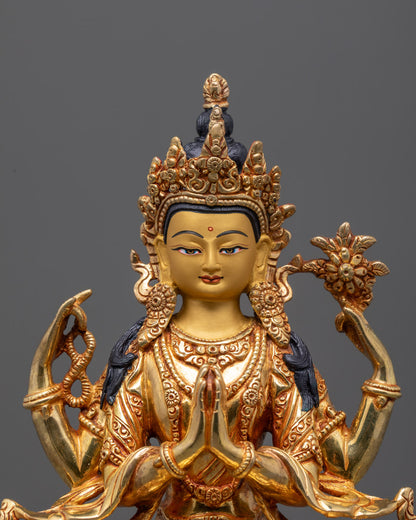 Close-up of Chenrezig Statue Face with Gold Gilded Details and Serene Expression – Nepalese Copper Buddhist Art