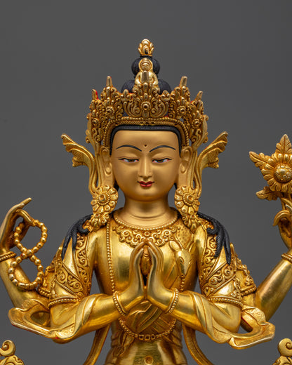 Close-up of Chenrezig Statue five-jeweled crown and intricate robe details
