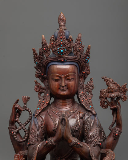 Close-up of Chenrezig Statue showing semi-precious stones and intricate hand-carved patterns