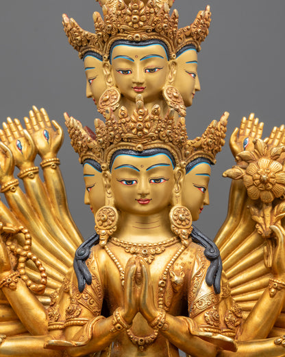 Close-up of Chenrezig’s compassionate face and detailed halo