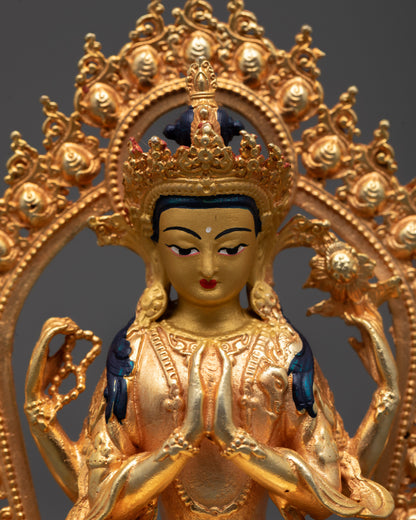 Close-up of Chenrezig's serene face and detailed crown, symbolizing divine compassion