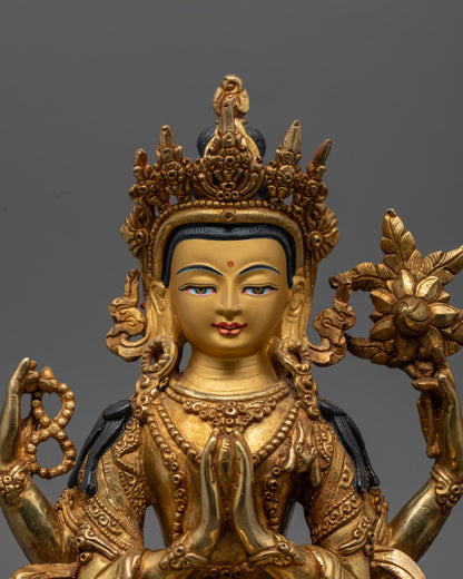 Chenrezig's serene face and intricate crown, fire-gilded with pure 24k gold, showcasing expert Nepalese craftsmanship