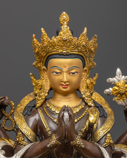 Close-up of Chenrezig’s serene facial expression with gold-plated crown