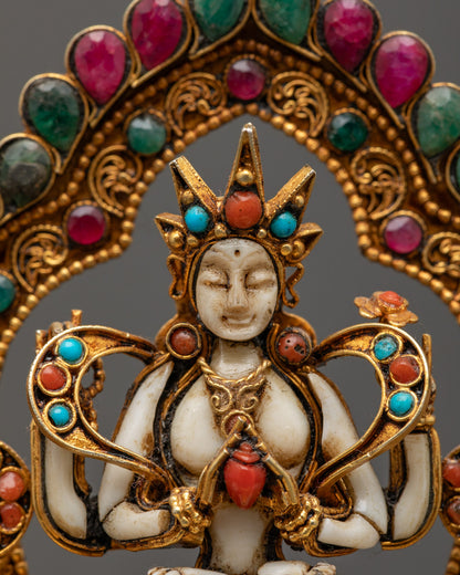 Chenrezig statue's serene face and intricate ornaments, showcasing traditional Nepali craftsmanship.