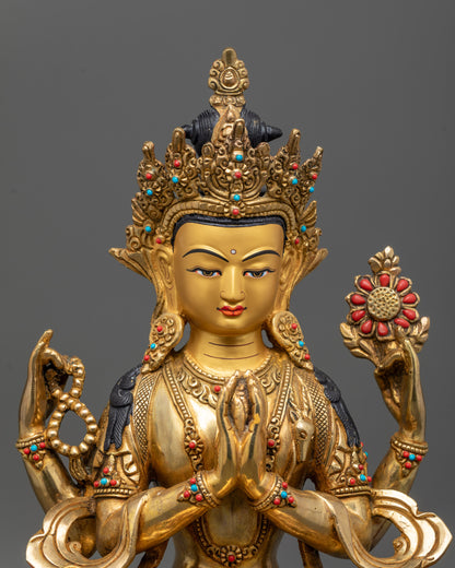 Close-up of Chenrezig statue showing intricate details, symbolic objects