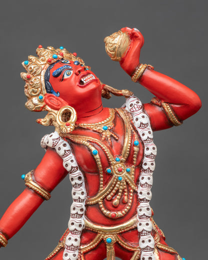 Close-up of Dorje Naljorma statue face, five-skull crown and detailed acrylic painting