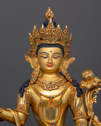 Close-up of Five-Jeweled Crown and utpala flower in serene pose