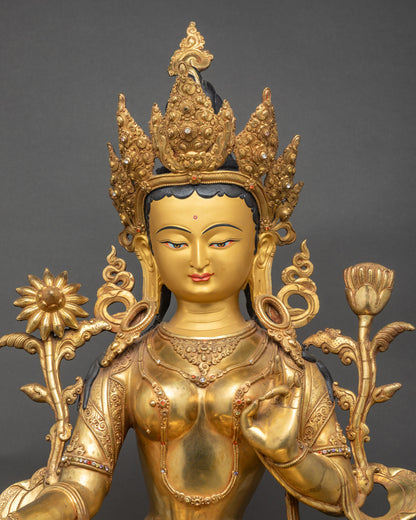 Close-up of Five-Jewelled Crown and jewelry on gold-gilded Green Tara figure