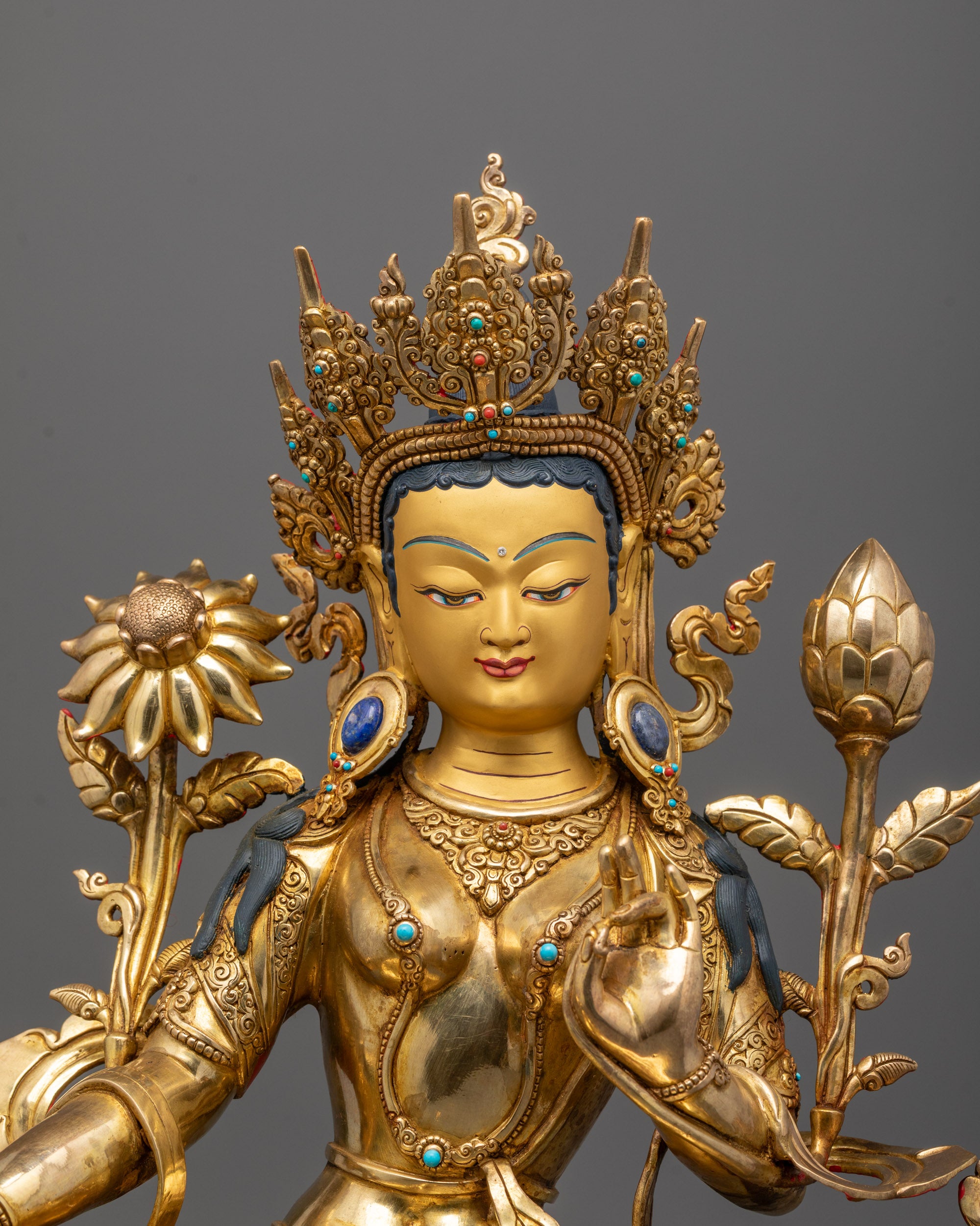 Close-up of Green Tara Statue’s serene face showing delicate craftsmanship
