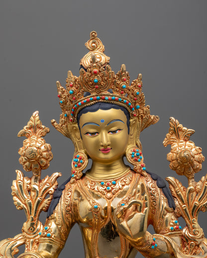 Close-up of Green Tara Statue showing detailed 24k fire gold gilded finish