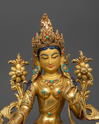 Close-up of Green Tara statue's Five-Jeweled Crown and semi-precious stones