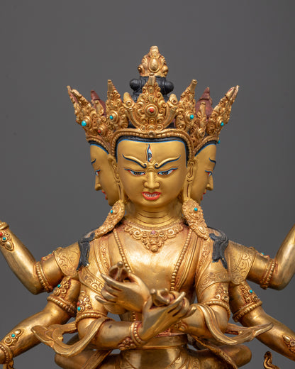 Close-up of Guhyasamaja Statue’s gold-gilded face and multiple arms