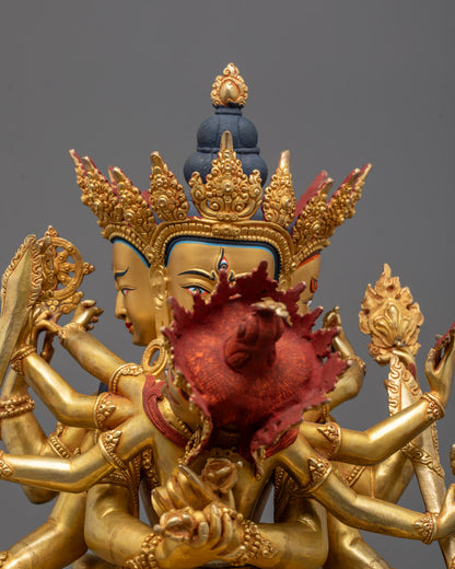 Close-up of Guhyasamaja deity's serene face with ornate crown and third eye