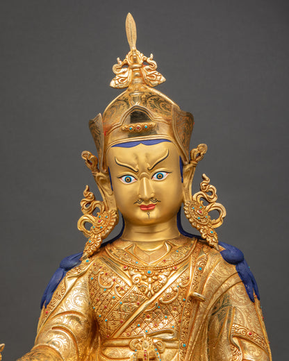 Close-up of Guru Rinpoche Statue highlighting intricate 3D copper carvings and craftsmanship