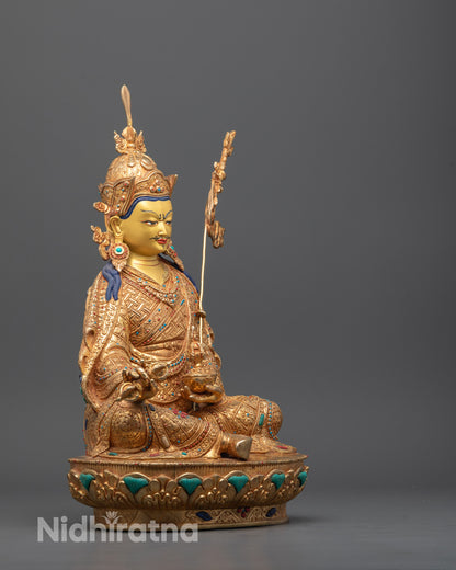 Close-up of Guru Rinpoche’s face highlighting the semi-wrathful expression