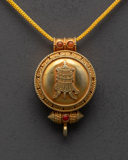 Close-up of Gyeltshen banner design on Tibetan Buddhist locket with intricate carvings