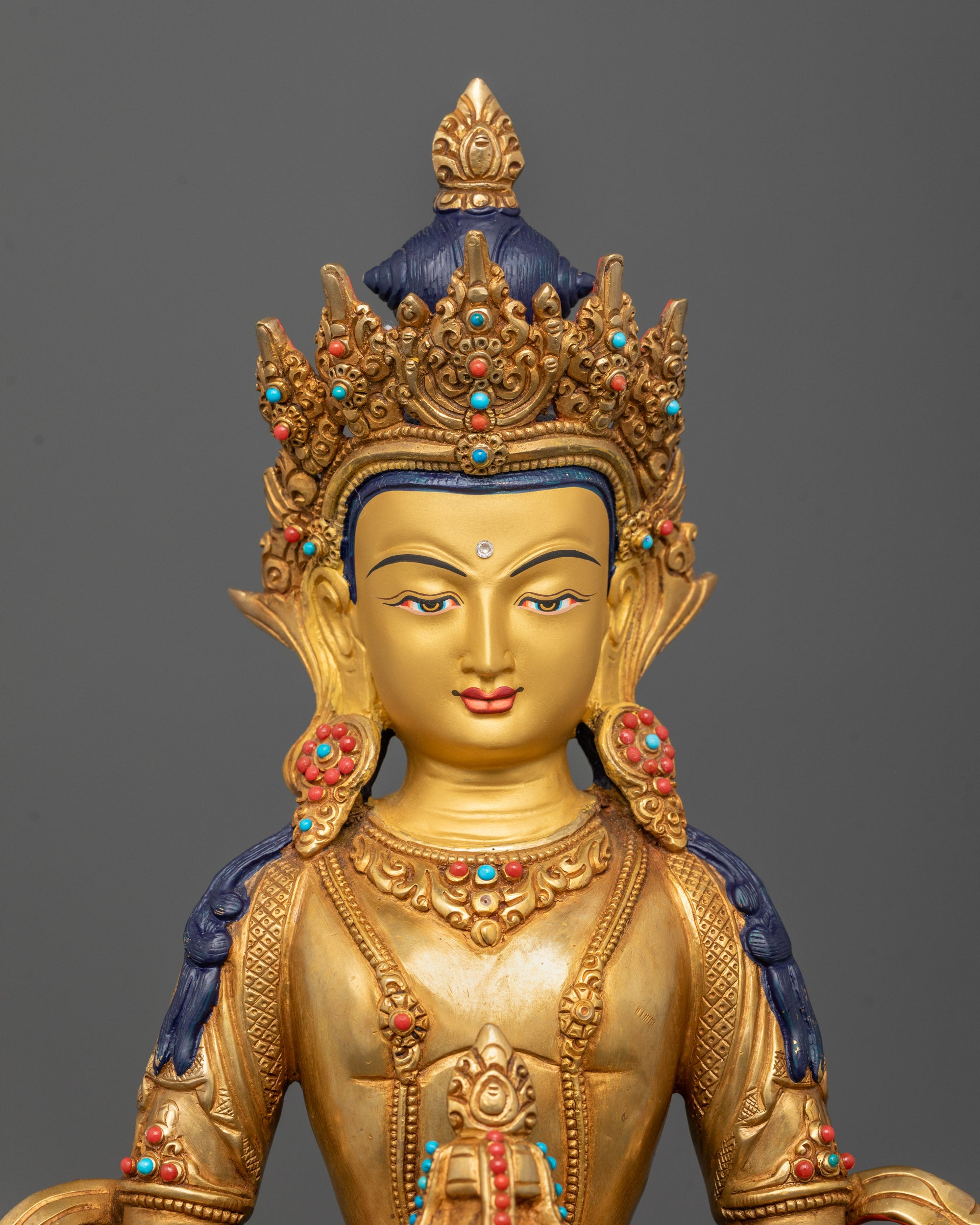 Close-up of Hand-Carved Amitayus Statue with 24k Gold Gilding and Five-Jewel Crown
