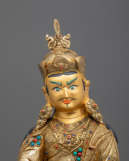 Close-up of Hand-Carved Guru Rinpoche Statue with 24k Fire-Gilded Gold and Vajra