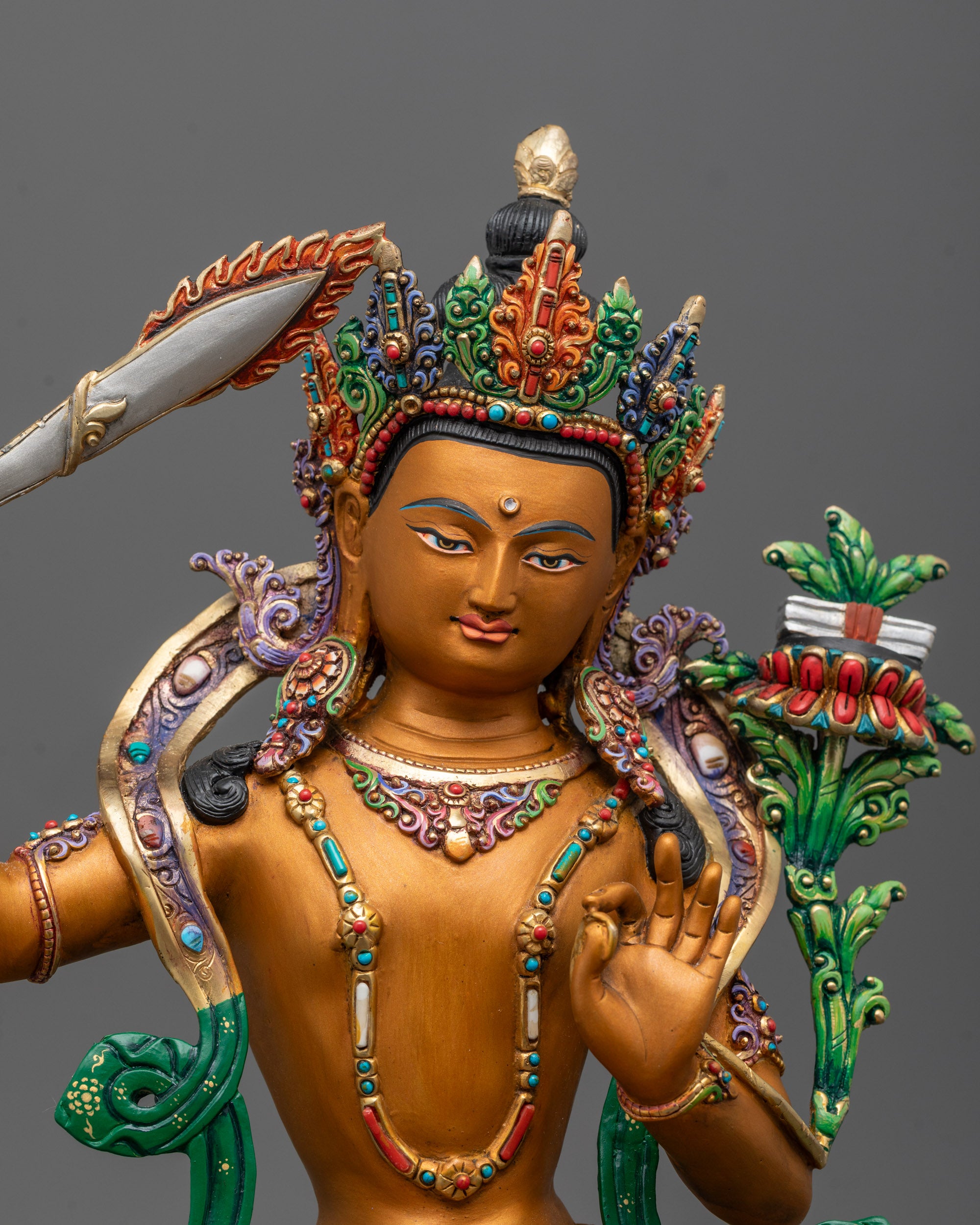 Close-up of Hand-Carved Manjushri Statue 