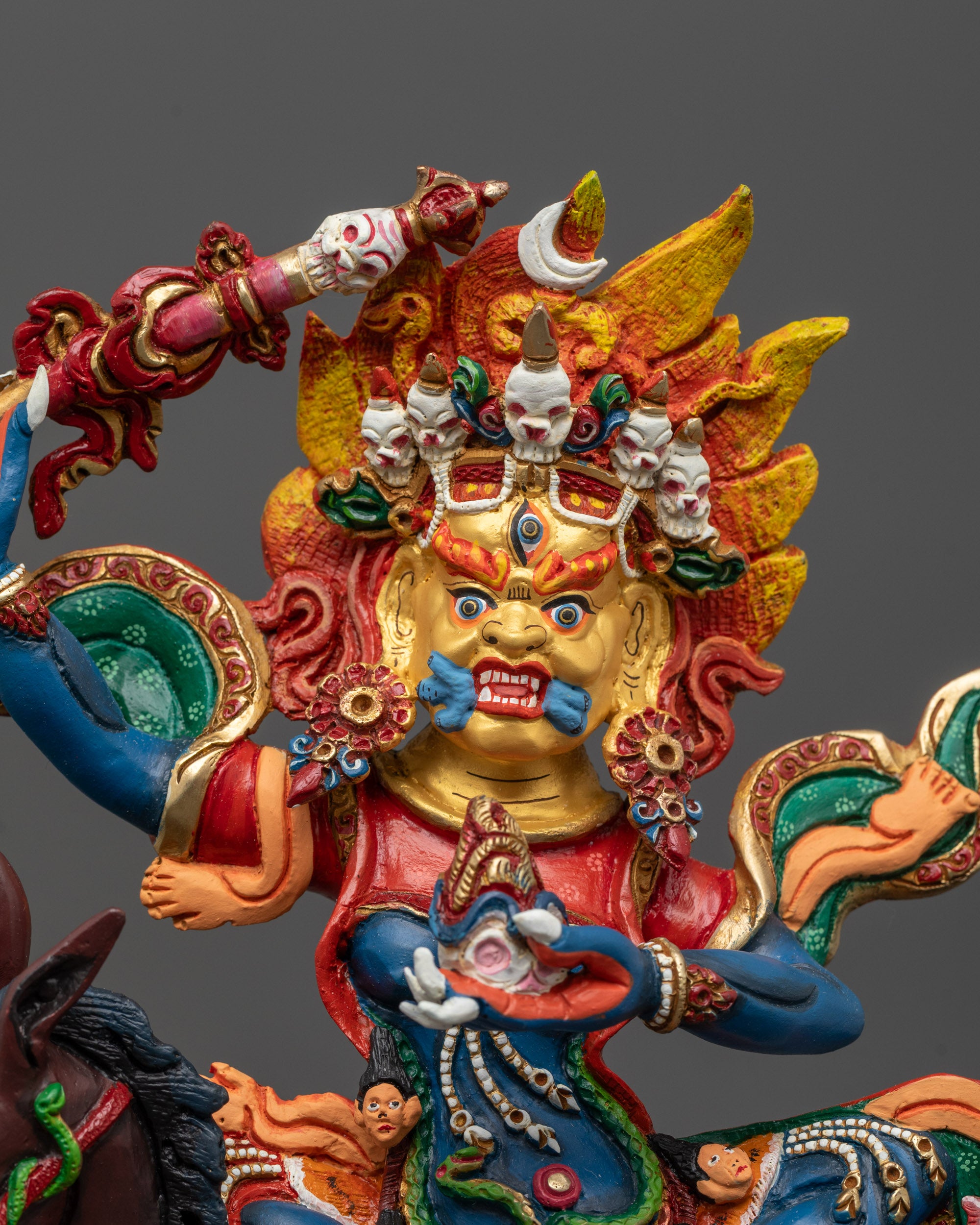 Close-up of Hand-Carved Palden Lhamo Statue with 24k Gold Gilded Face