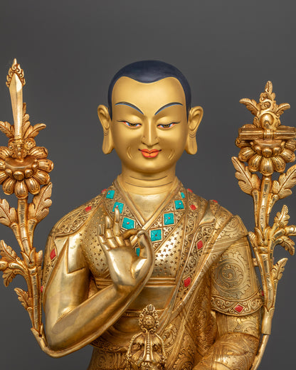 Close-up of Je Tsongkhapa Statue’s intricate details showing the flaming sword atop utpala flower