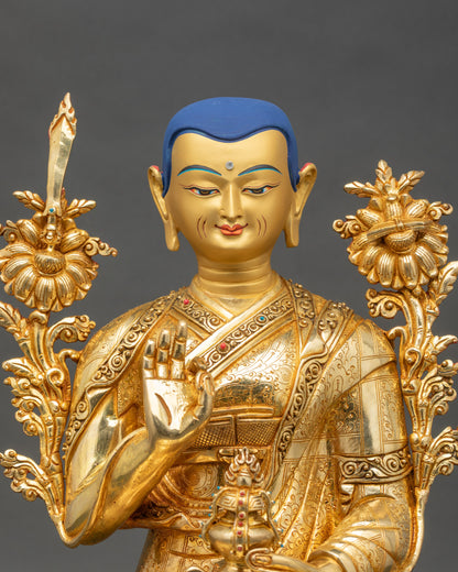 Close-up of Je Tsongkhapa statue showing Dharmachakra Mudra hand gesture