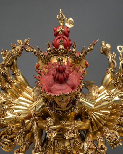 Close-up of Kalachakra Statue, detailed copper and gold craftsmanship