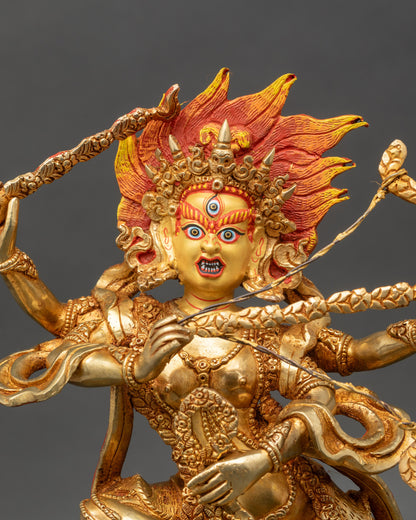 Close-up of Kurukulla deity sculpture showing hook, noose, bow, and floral arrows details