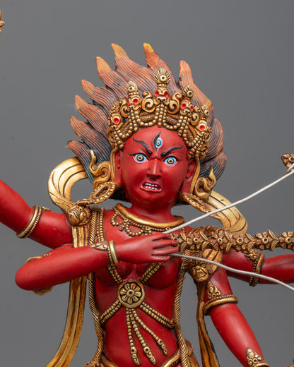 Close-up of Kurukulla statue’s face and upper body, showcasing fierce expression