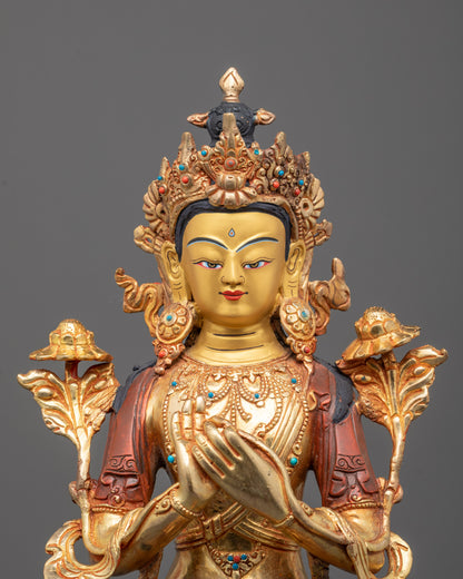 Close-up of Maitreya Buddha’s gold-gilded face, five-jewel crown, and semi-precious stones