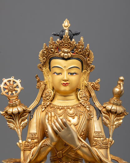 Close-up of Maitreya Buddha’s serene face with intricate crown and halo