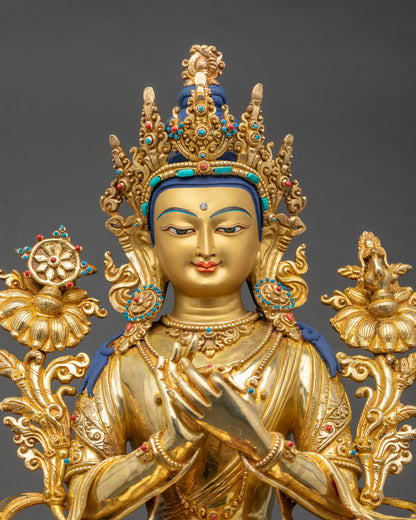 Close-up of Maitreya Buddha statue showing teaching mudra and utpala flowers