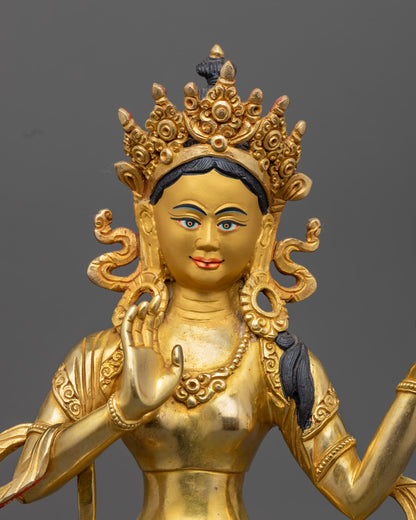 Mandarva and Yeshe Tsogyal statues with vibrant acrylic colors and gold fire gilding, handmade in Nepal by master artisans.
