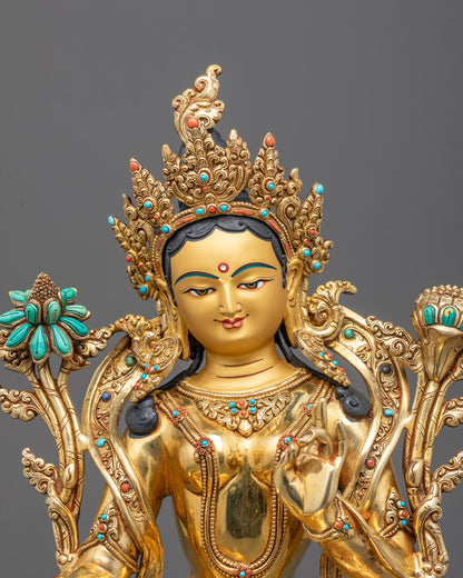 Close-up of Manjushri Bodhisattva face with 24k gold gilding and intricate detailing