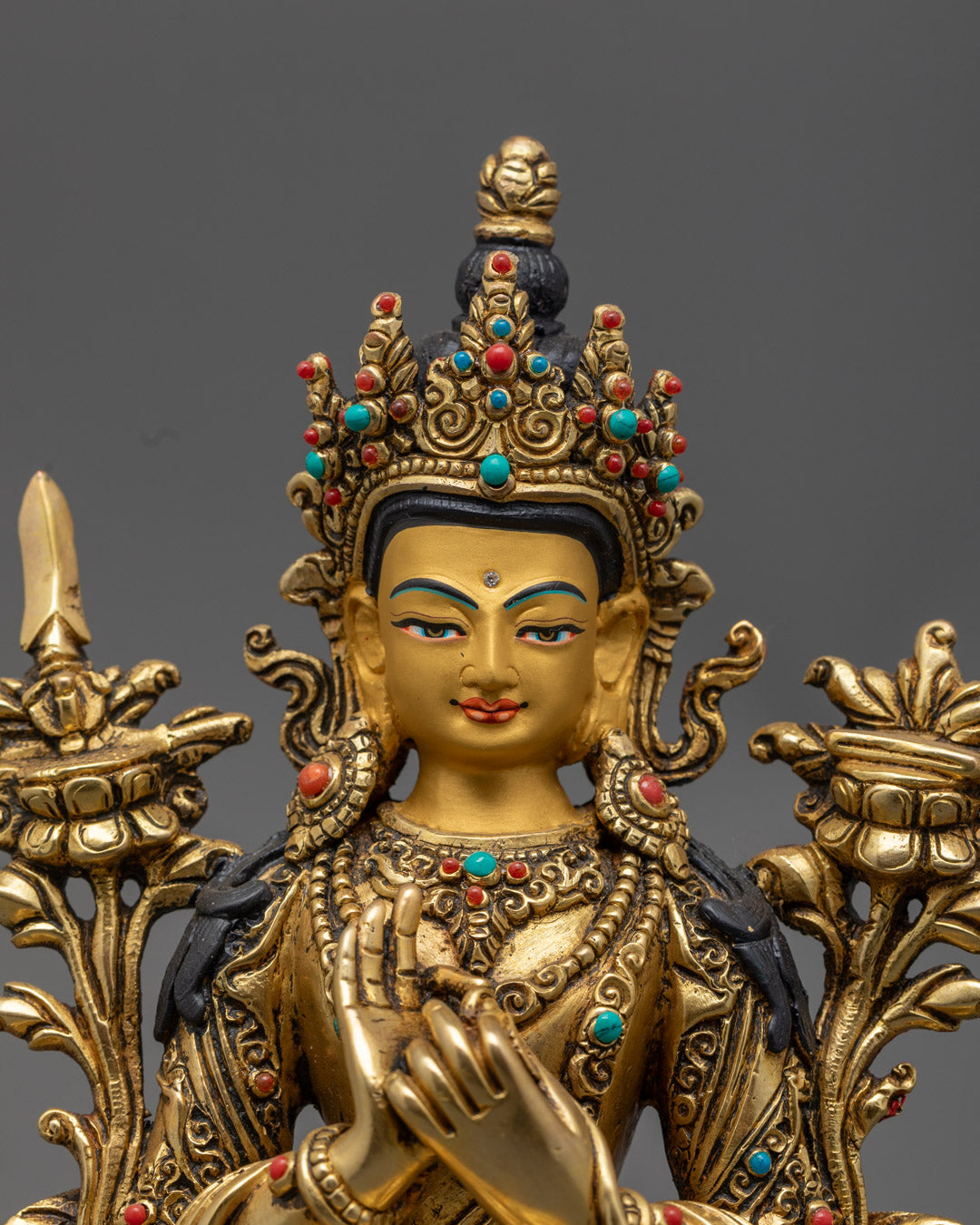 Manjushri Buddha’s Face with Fire-Gilded 24k Gold and Intricate Crown Detail