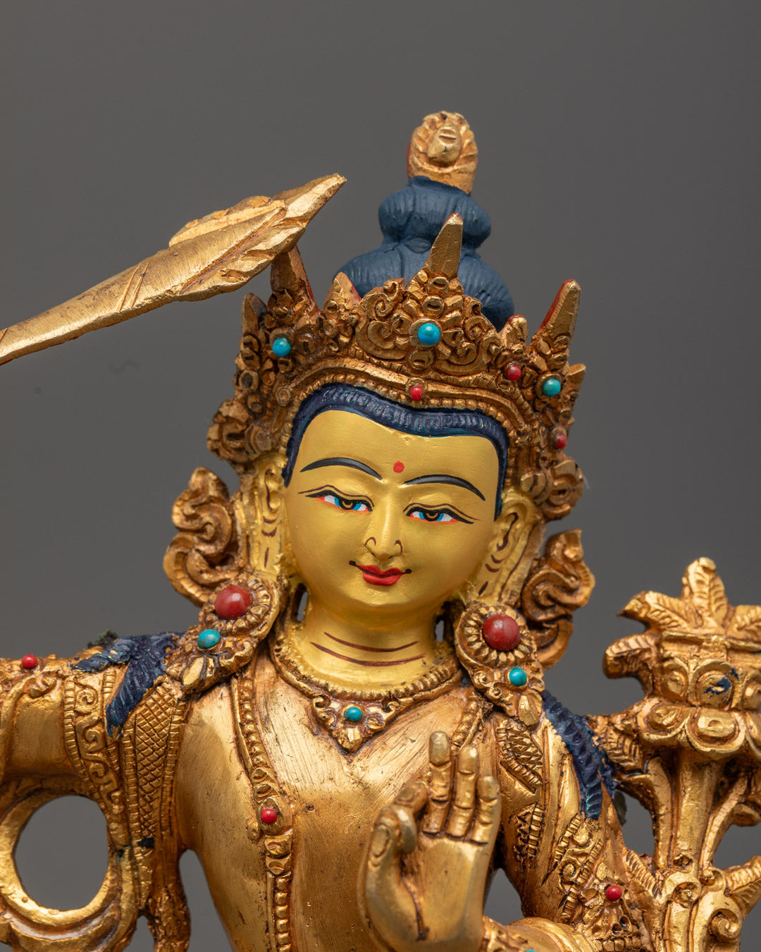 Manjushri Statue with 24k Gold Fire-Gilded Copper and Flaming Sword Symbolizing Wisdom