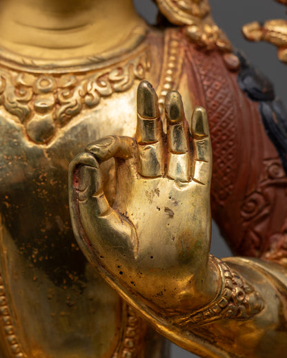 Close-up of Manjushri’s serene face and jeweled crown, symbolizing enlightened wisdom in Buddhism