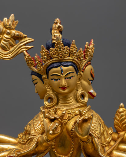 Marichi’s serene face and symbolic attributes, including protective mudras and radiant crown
