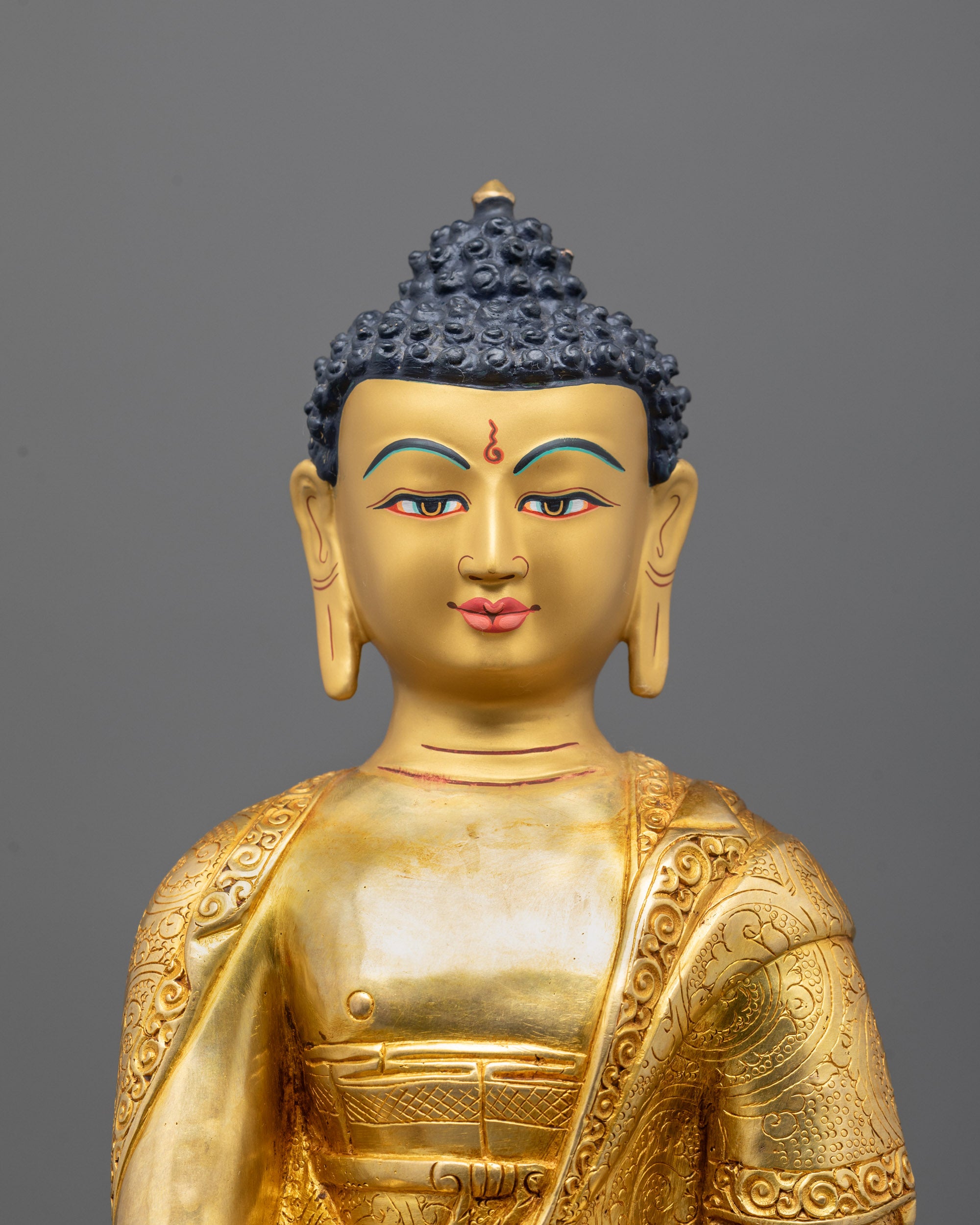 Close-up of Medicine Buddha’s serene face and healing plant