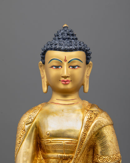 Close-up of Medicine Buddha’s serene face and healing plant