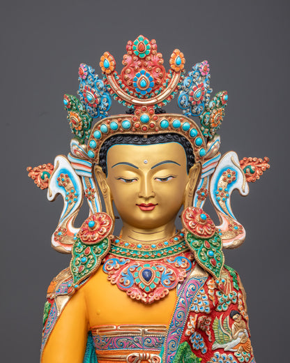 Mitrugpa statue face showcasing intricate copper detailing and serene expression