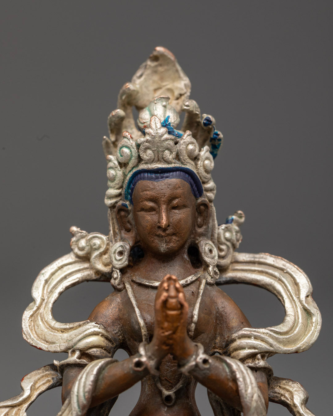 Nagakanya Statue’s upper body with vibrant acrylic colors and intricate jewelry symbolizing prosperity, protection, and divine feminine power.