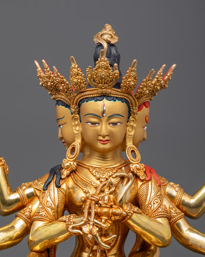 Close-up of Namgyalma Statue’s serene gold-gilded face, handcrafted in Patan