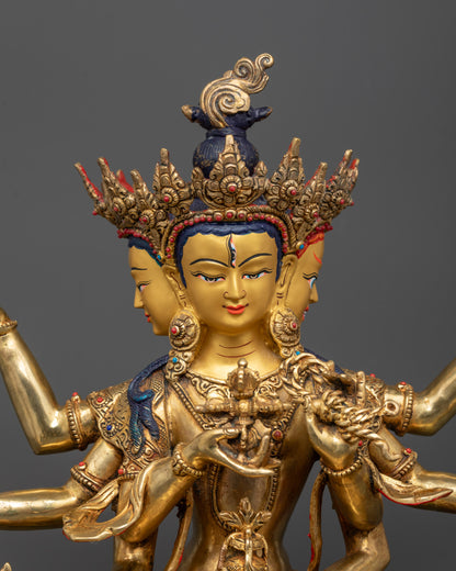 Close-up of Namgyalma’s symbolic objects including vajra, kalash, Amitabha Buddha