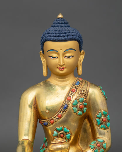 Close-up of Nepalese Shakyamuni Buddha Statue highlighting 3D carvings and gold fire-gilding