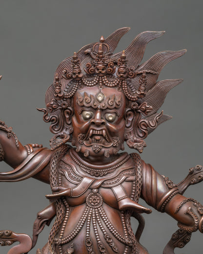 Close-up of Oxidized Copper Guru Dragpo Statue showing intricate 3D carvings and vajra