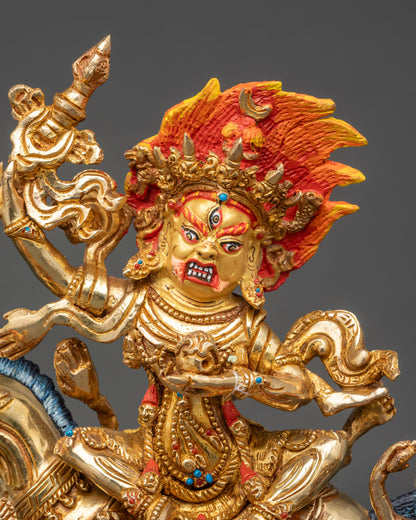 Close-up of Palden Lhamo statue face, skull cup and khatvanga staff, Newari artisan craft